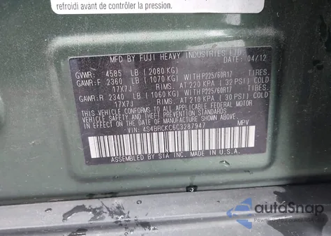 2012 Subaru Outback 2.5I Limited from USA, damaged, VIN 4S4BRCKC6C3287947